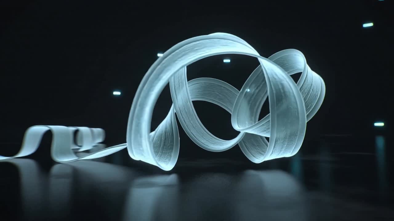 Nastro luminoso che entra dal bordo sinistro, si avvolge verso l'interno e si piega sul pavimento con luci ciano, a tema tecnologico.