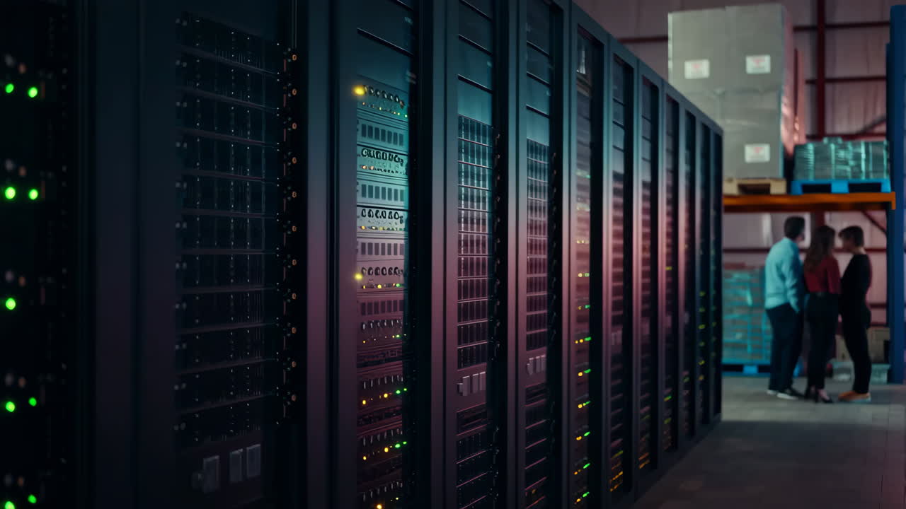 Server Racks in a Data Center with Blinking Lights and Technicians