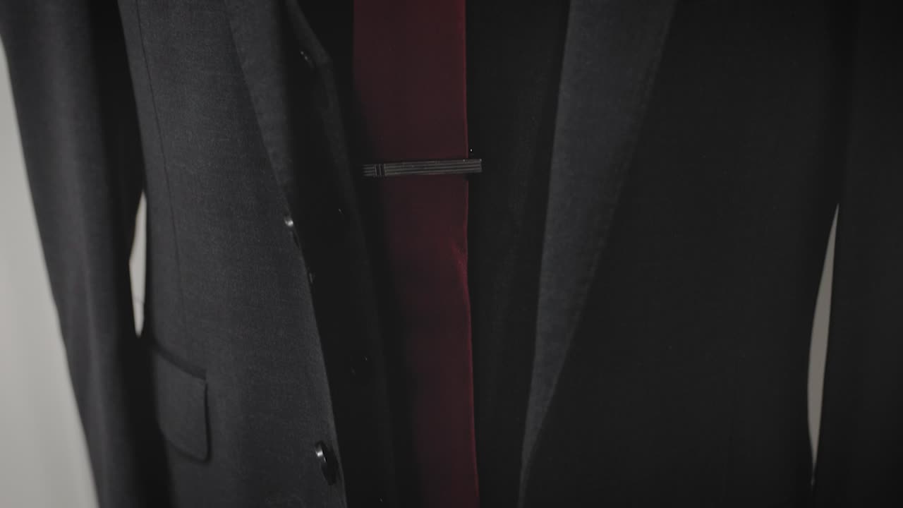 결혼식을 위해 옷을 입을 준비가 된 신랑을 위해 마네킹에 양복, 넥타이, 손수건이 걸려 있다