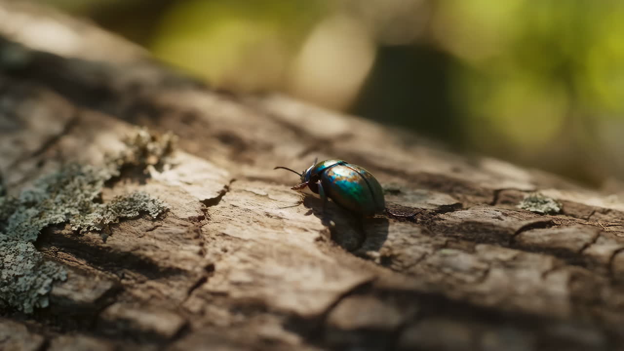 Iridescent Beetle Crawling Slowly on a Tree Bark in Nature