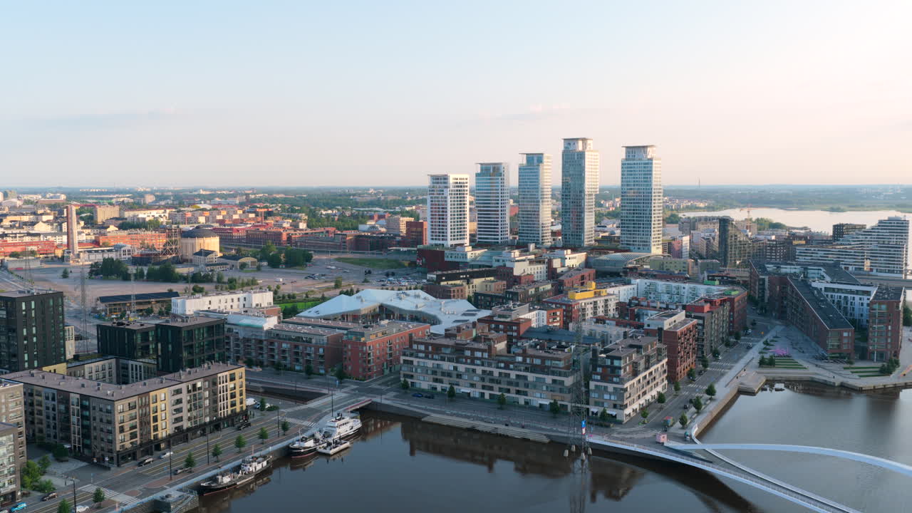 Aerial panorama of a serene morning at the Kalasatama area of Helsinki, Finland