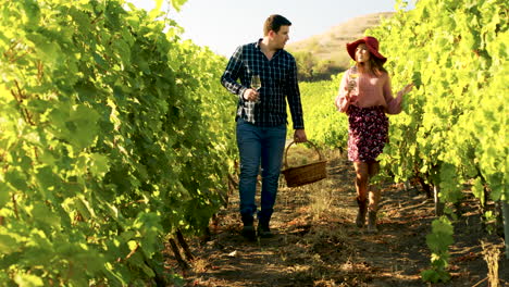 pareja caminando en un viñedo con vasos de vino en las manos
