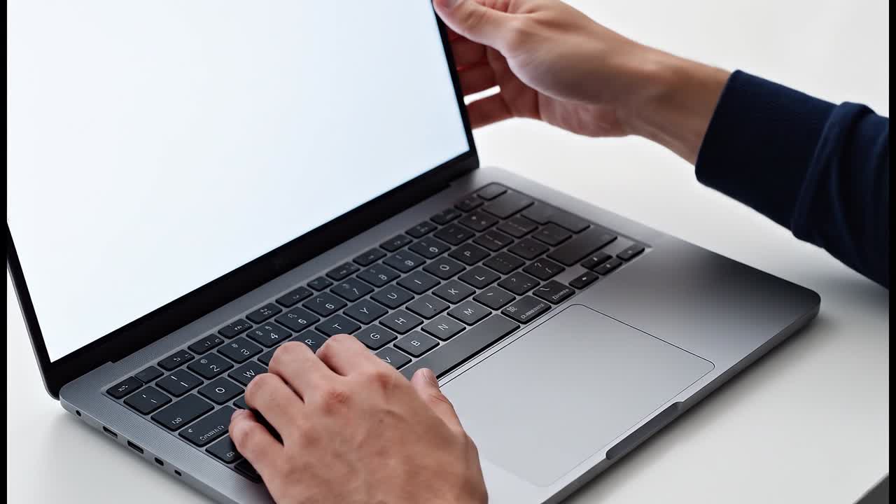 Mano che apre lo schermo di un portatile e avvia il dispositivo su una scrivania pulita, a simboleggiare il flusso di lavoro di una startup e l'utilizzo della tecnologia moderna.