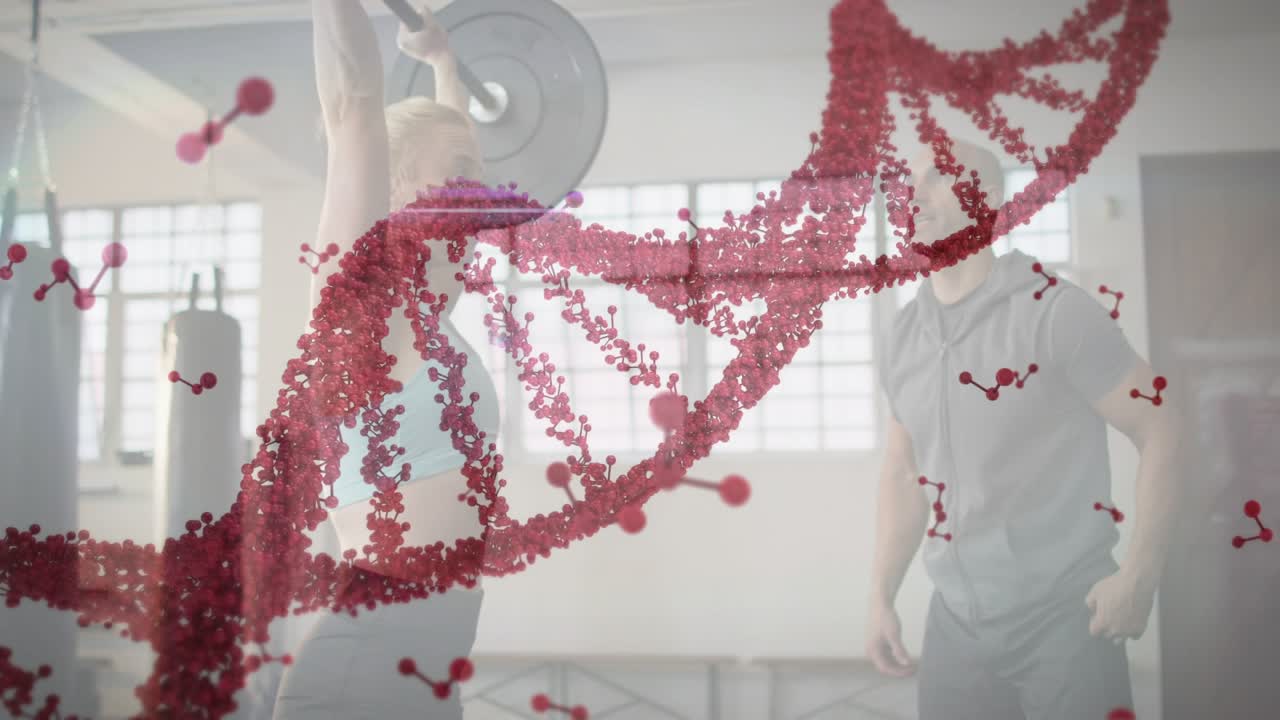 DNA helix drifting revealing lifter pressing barbell while spotter assisting, showing fitness link