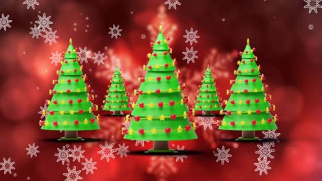 Animation-of-snowflakes-and-christmas-trees-on-red-background