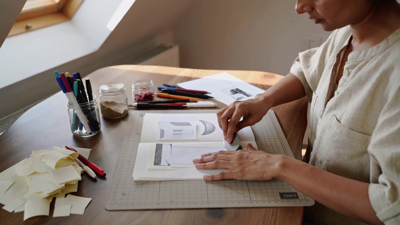 Placing burnisher, woman in beige top rubbing journal in attic to transfer shapes, copy space