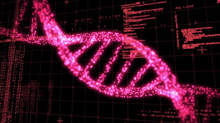 Animation of dna strand over data processing on black background