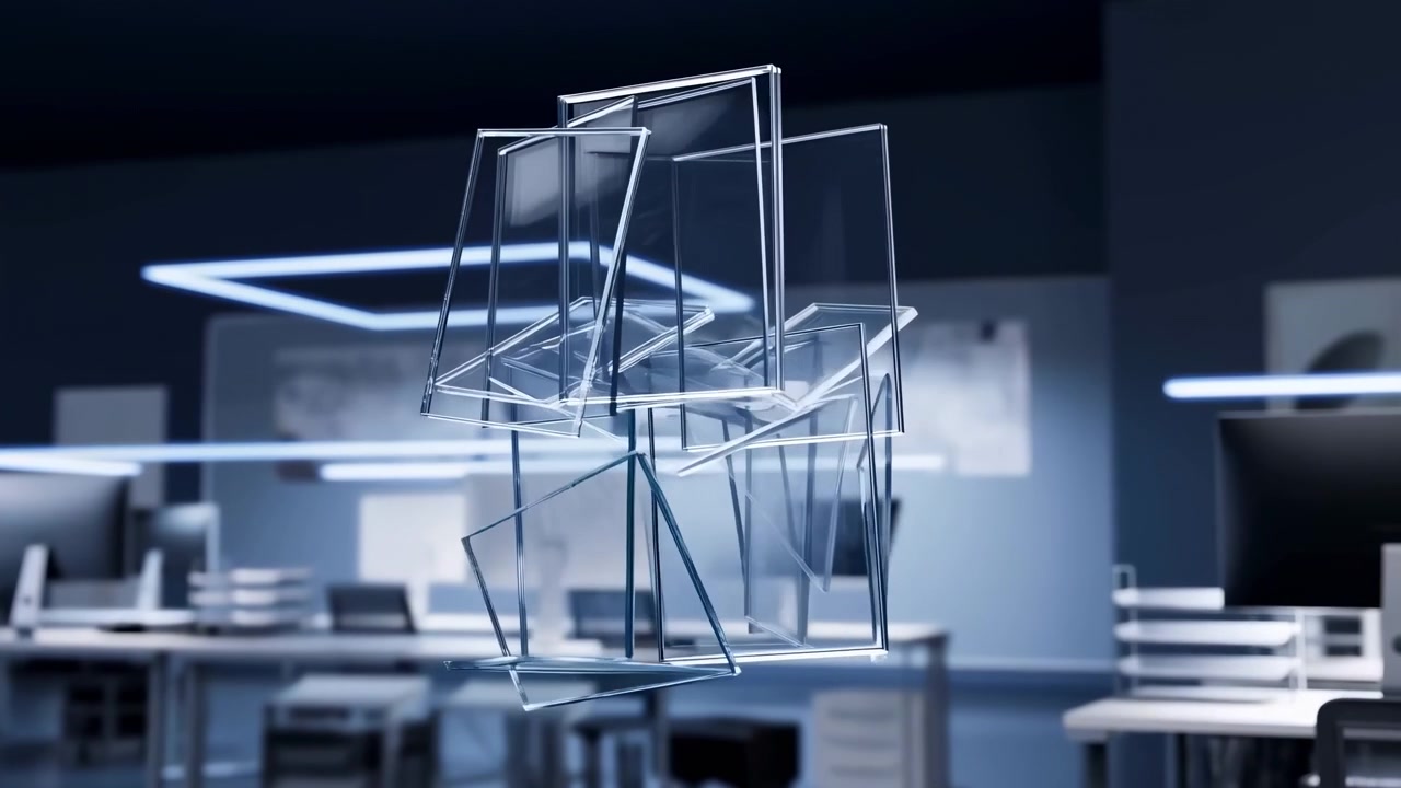 Series shows transparent square and rectangular glass panes in foreground changing orientation from layered clustered formation to isolated vertical pane