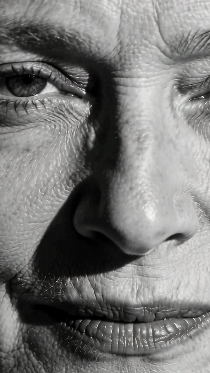 Video verticale: Una donna, dopo aver battuto le ciglia, apre gli occhi rivelando un sorriso che cattura l'obiettivo, con luce laterale in studio.