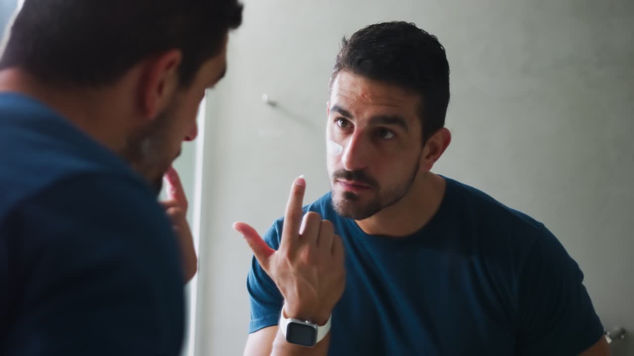 Uomo che apre un vasetto di crema, prelevandola e applicandola sotto gli occhi per la cura della pelle al lavandino, controllandosi allo specchio.