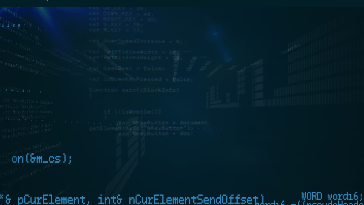 Animation of data processing and binary coding on blue background
