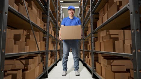 full body of asian male courier in blue uniform smiling while delivering a carton in warehouse