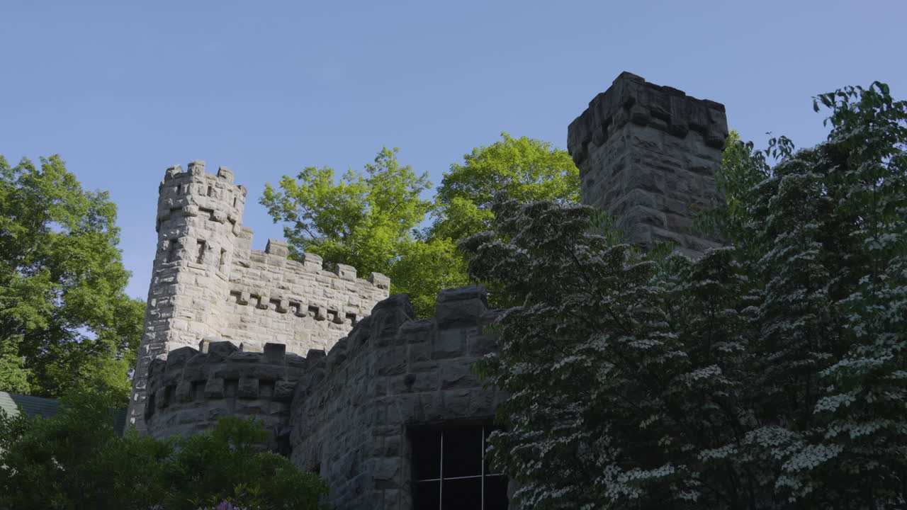 vista de un hermoso castillo de piedra que se asoma detrás de los árboles en un día soleado