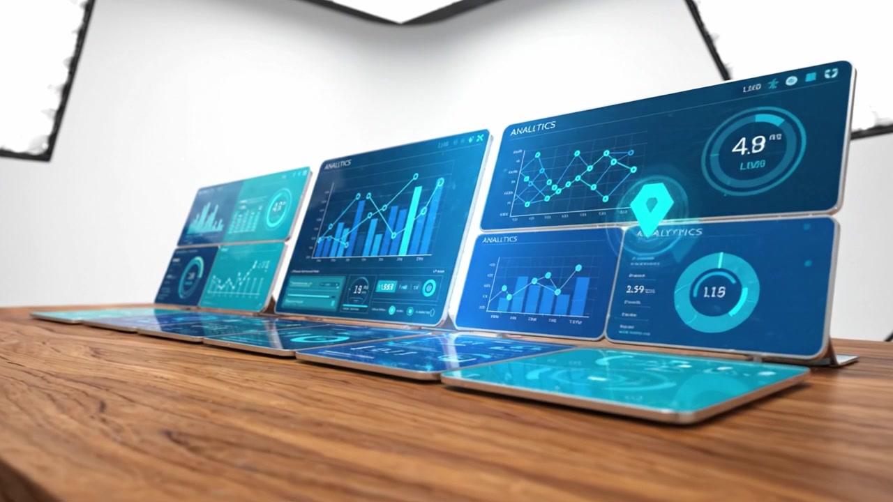 A Showcase of Advanced Data Visualization and Analytics Platforms on a Sleek Wooden Table with Modern Lighting Setup for Presentations and Reviews