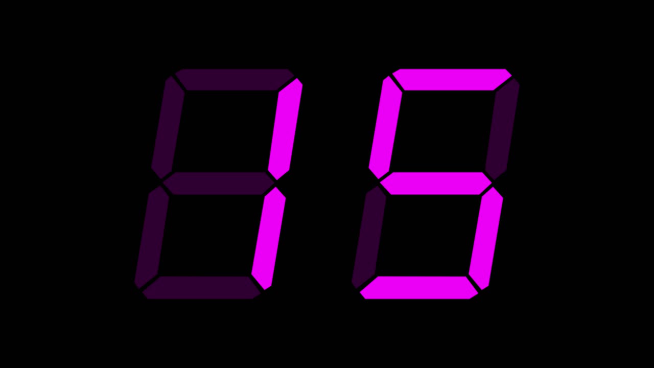 Magenta digital clockface with 2 large digits. 30 seconds digital timer. Purple digits on black. Retro digital alarm clock animation element, clean digital clock on black background