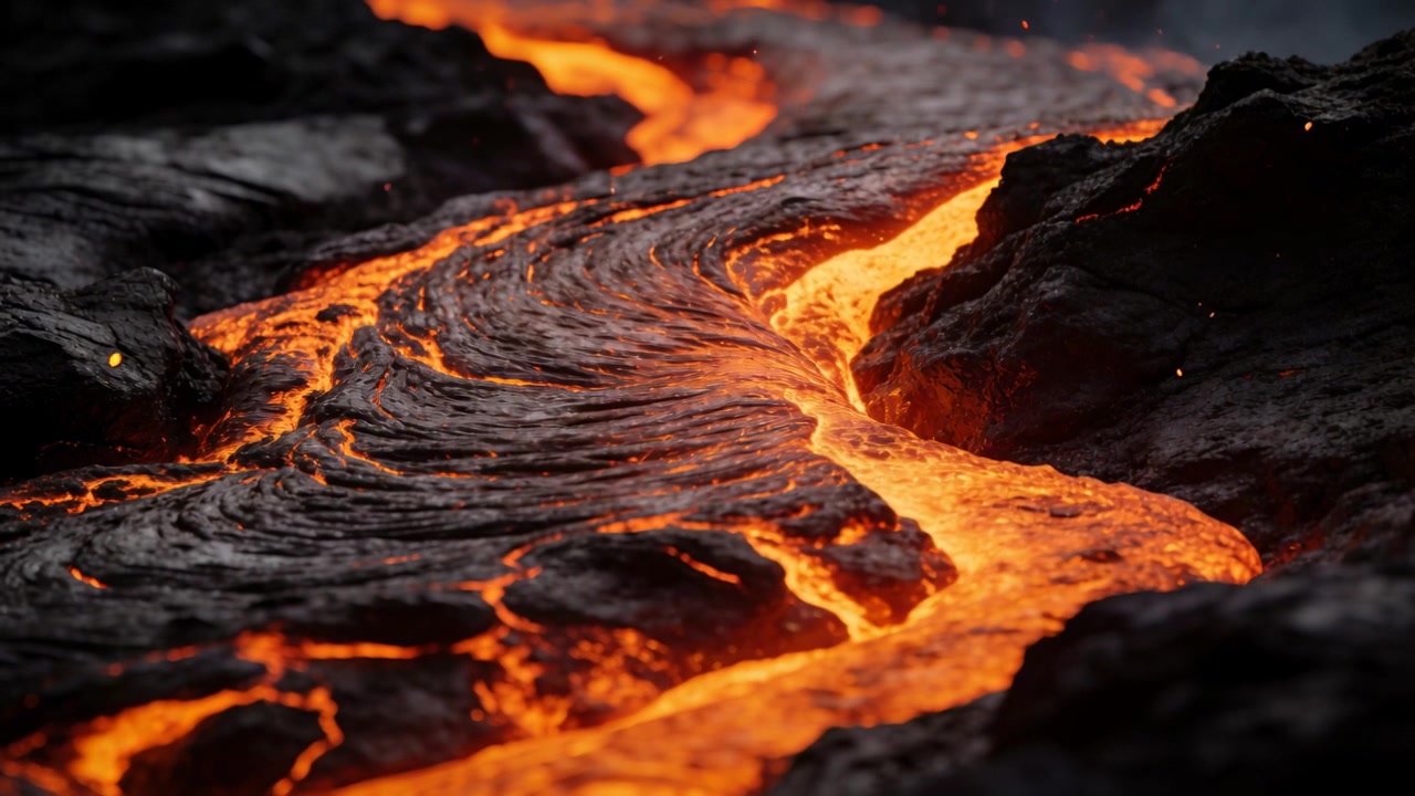 Magma che spinge un canale di lava fusa che si muove verso il primo piano in un campo lavico, con braci e crosta.