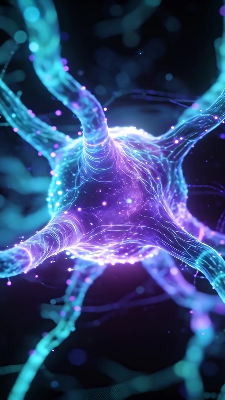 Vertical video: Pulsing neuron sending sparks along filaments in dark void as soma brightens