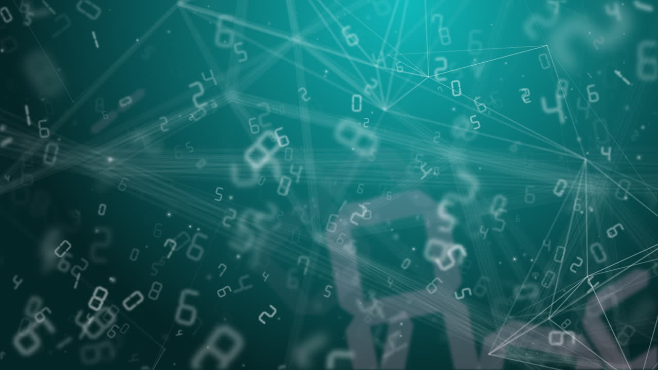Technology school education background with random numbers flying and changing. Blue background with plexus lines. Looped motion graphics.