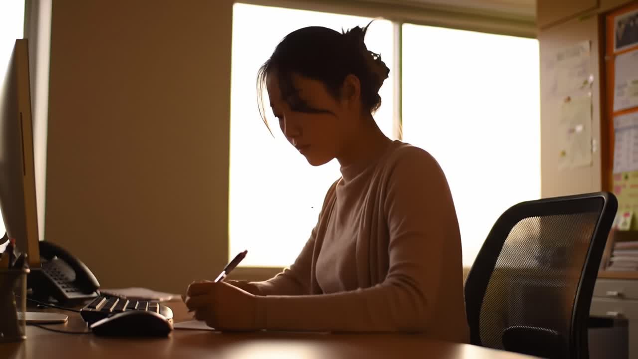 A Focused Individual Engaged in Writing and Reflection in a Brightly Lit Workspace During Late Afternoon Light