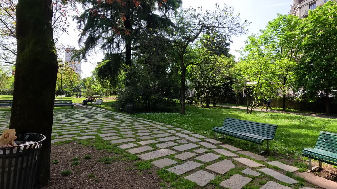 escena tranquila del parque con bancos y vegetación
