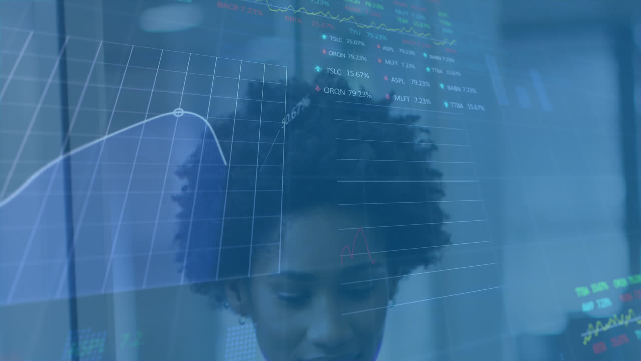 Animation of stock market data processing over portrait of african american woman smiling at office