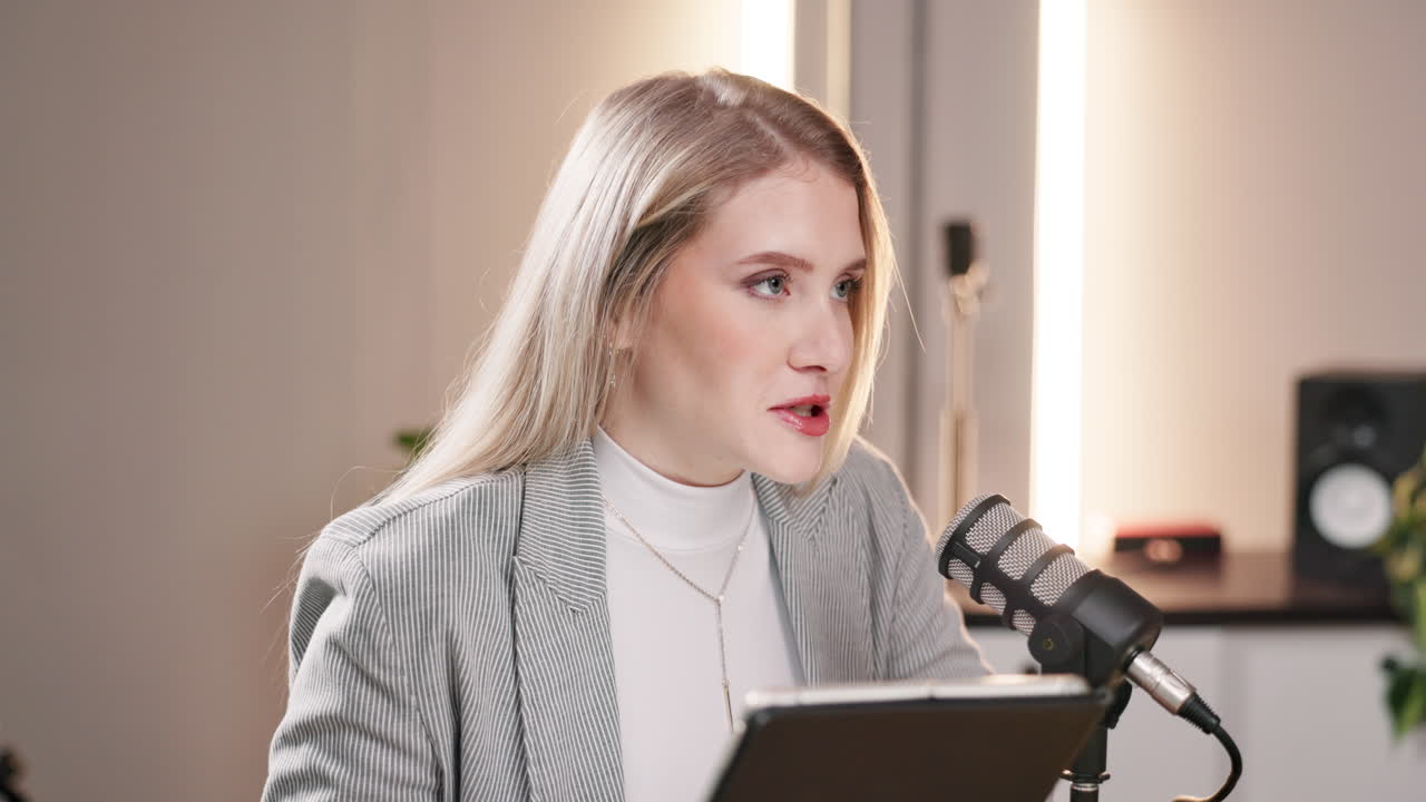 mujer grabando un podcast en un estudio