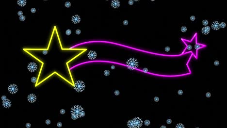 Animation-of-snow-falling-over-christmas-neon-decoration-on-black-background