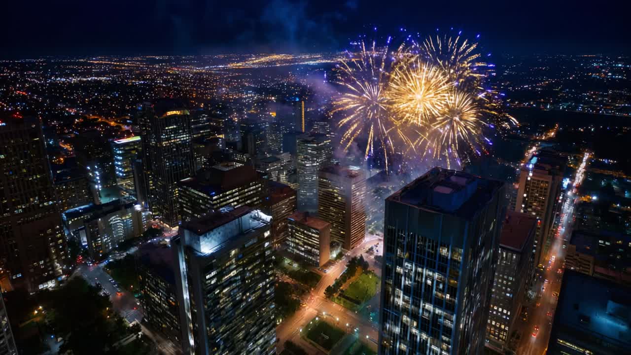 Spectacular Aerial View of a Vibrant City Skyline Illuminated by Stunning Fireworks Display at Night, Showcasing the Beauty and Celebration in an Urban Landscape with Twinkling Lights Below
