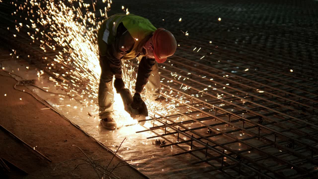 Industrial professional worker is cutting metal rebar with a circular saw. Construction of a factory, hangar