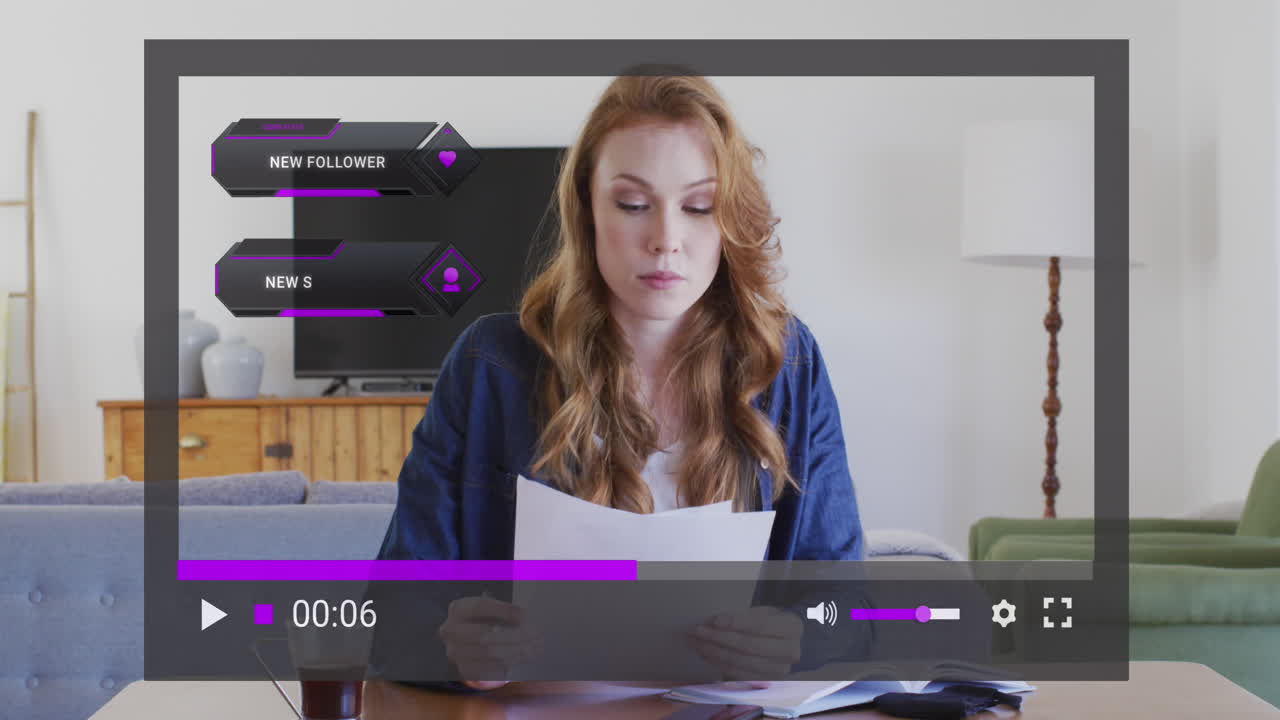 Animation of financial data processing over caucasian businesswoman recording vlog