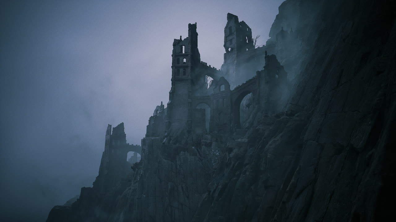 Ruins of an ancient castle perched on a foggy cliff during twilight hours