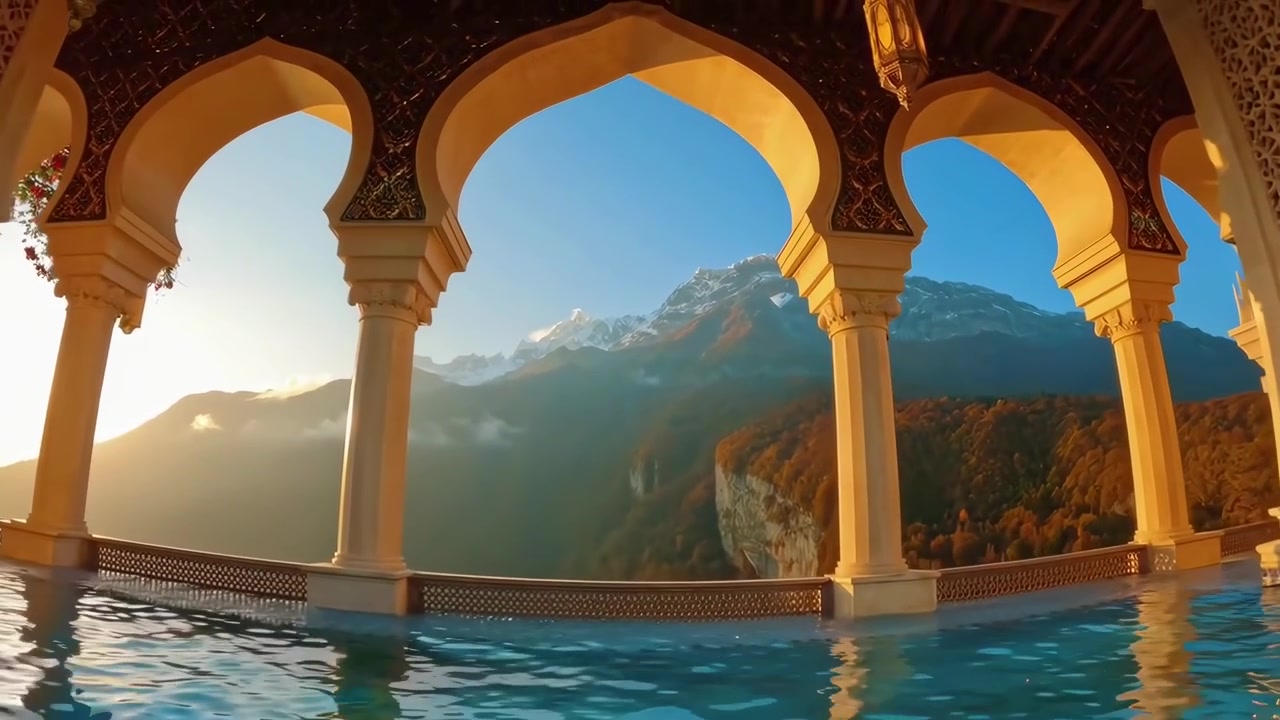 Infinity Pool Overlooking Majestic Mountain Range at Sunset