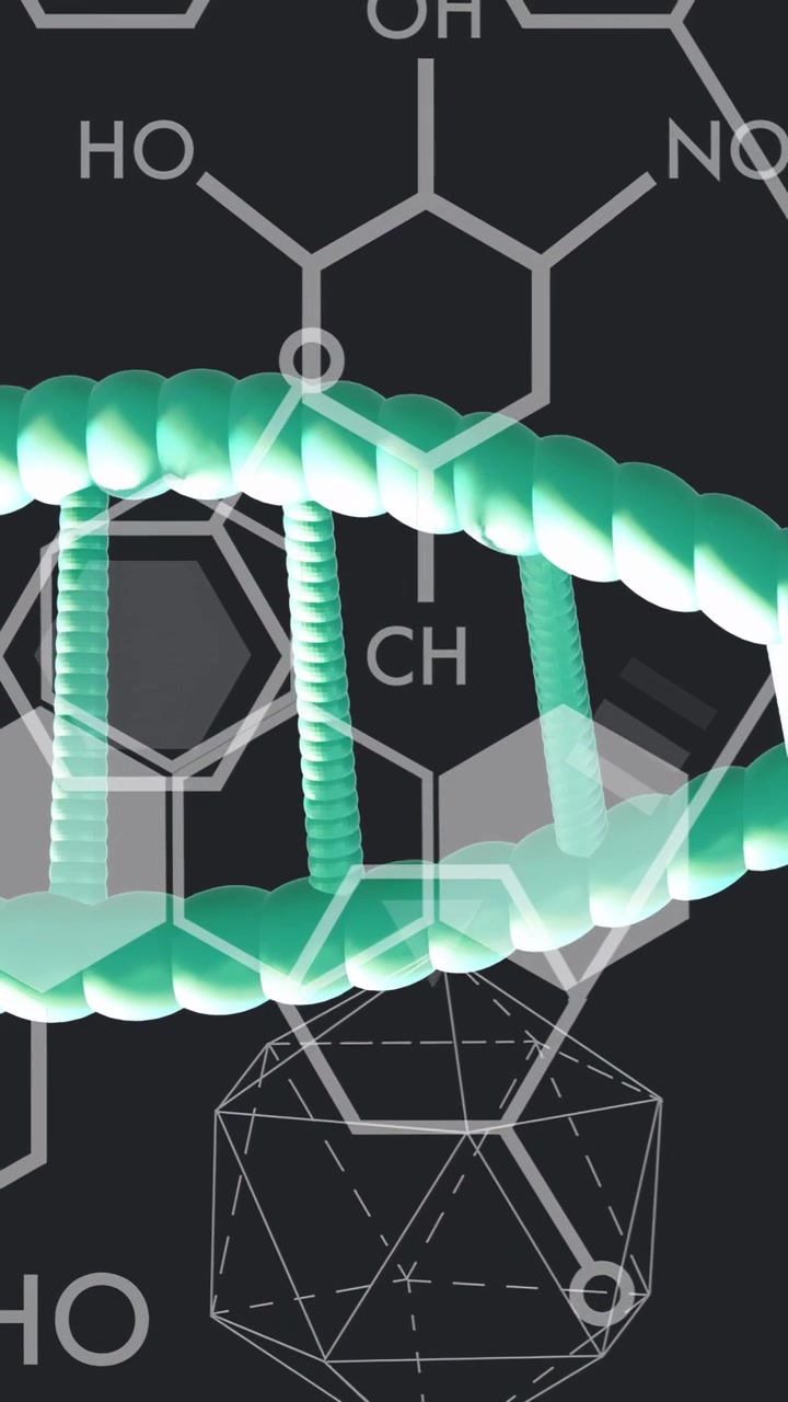 Video verticale: Elica di DNA color verde acqua che entra da destra, ruota e scorre a sinistra, visualizzando molecole.