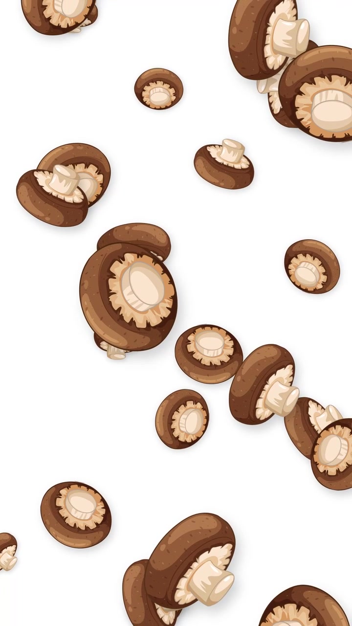 Animated brown cremini mushrooms fall vertically against a clean white background in slow motion.
