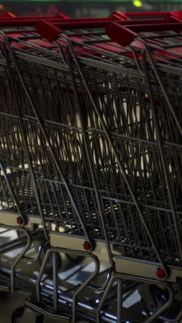 close-up of stacked shopping carts in a supermarket