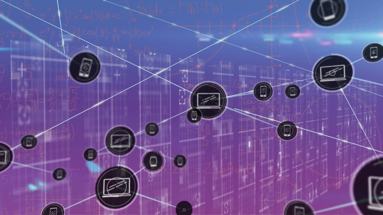 파란색과 분홍색 배경에 아이콘으로 연결 네트워크의 애니메이션