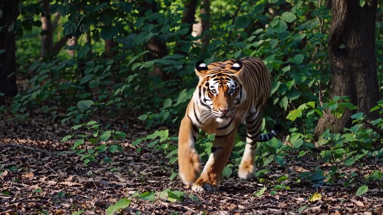 Majestætisk tiger går gennem en frodig grøn skov