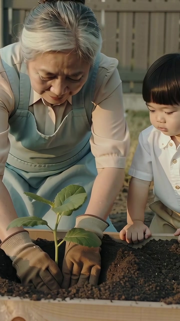 Vertical video: Planting gloved woman placing seedling into dug hole in yard planter, guiding child