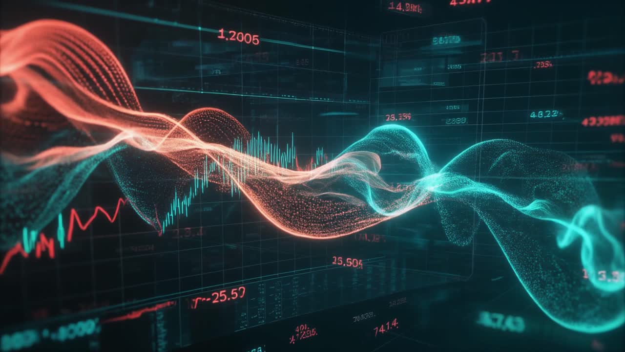 Dynamic Digital Interface Showing Financial Data and Particle Waves