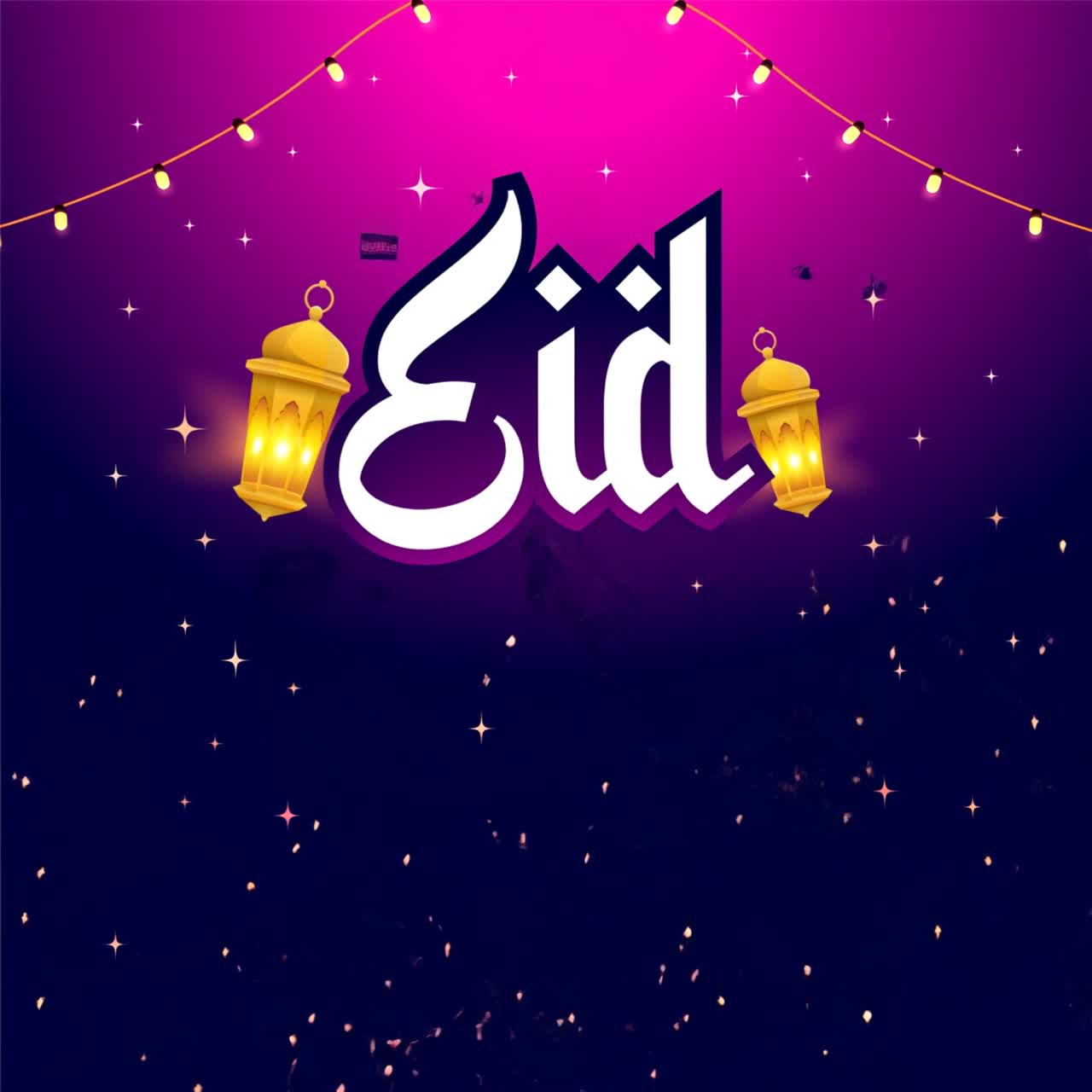 Animazione scritta Eid al Fitr Mubarak con luci di lan lanterns, luna crescente e sfondo festivo con gradiente vibrante
