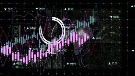 Animación-De-La-Interfaz-Con-Procesamiento-De-Datos-Sobre-Un-Globo-Giratorio-Sobre-Fondo-Negro.