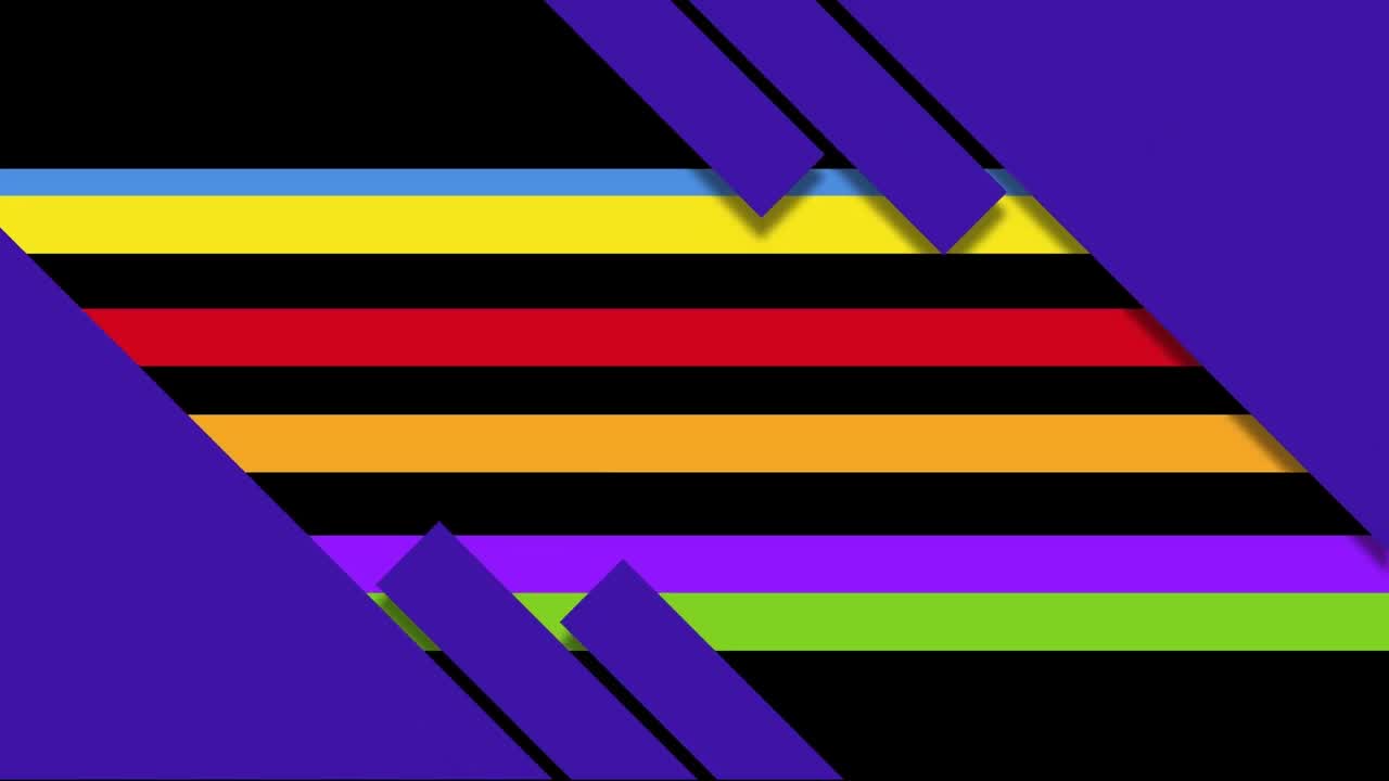 animación de bloques azules diagonales sobre rayas horizontales coloridas sobre un fondo negro