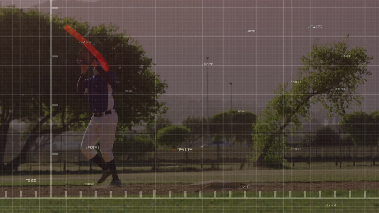 Batter assuming stance and watching pitch on baseball diamond, animating red curve tracking swing