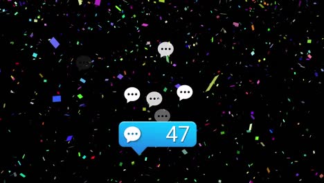 animation of media icons and confetti on black background