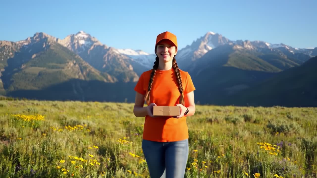 A girl wearing an orange shirt walks through a vibrant meadow filled with wildflowers. Majestic mountains rise in the background under a clear blue sky, capturing a peaceful outdoor moment.