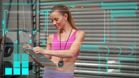 animación del procesamiento de datos en pantallas sobre una instructora de fitness caucásica