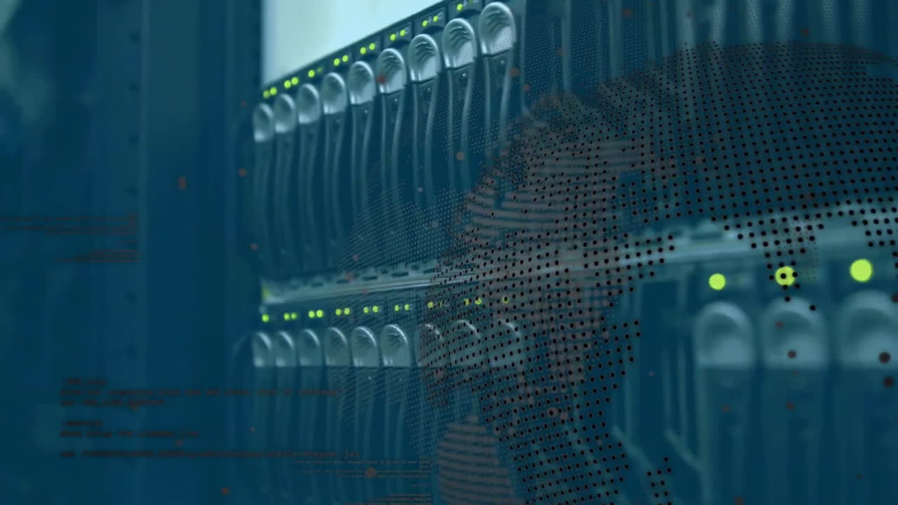 Animation of globe and data processing over computer servers