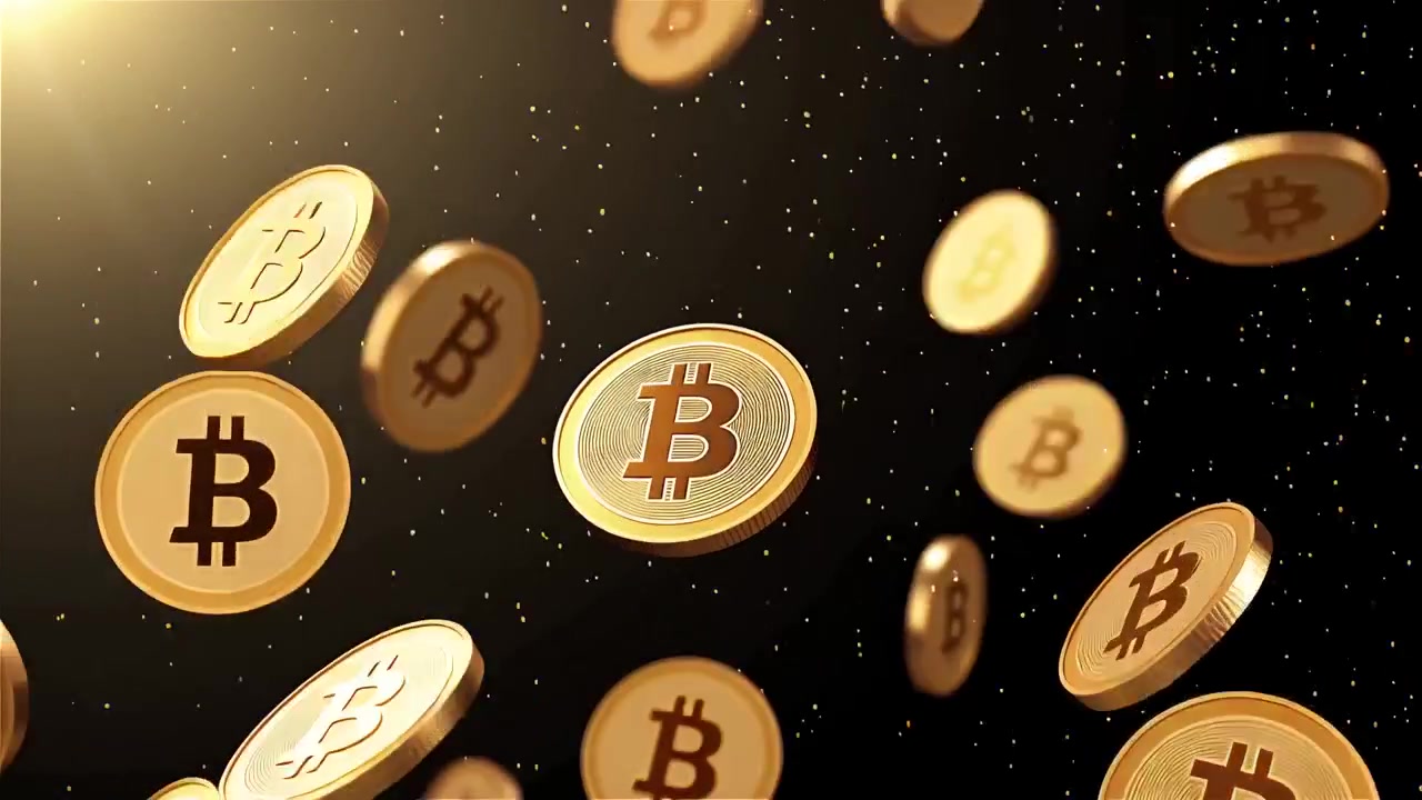 Bitcoin in rotazione su sfondo nero drammatico 4k