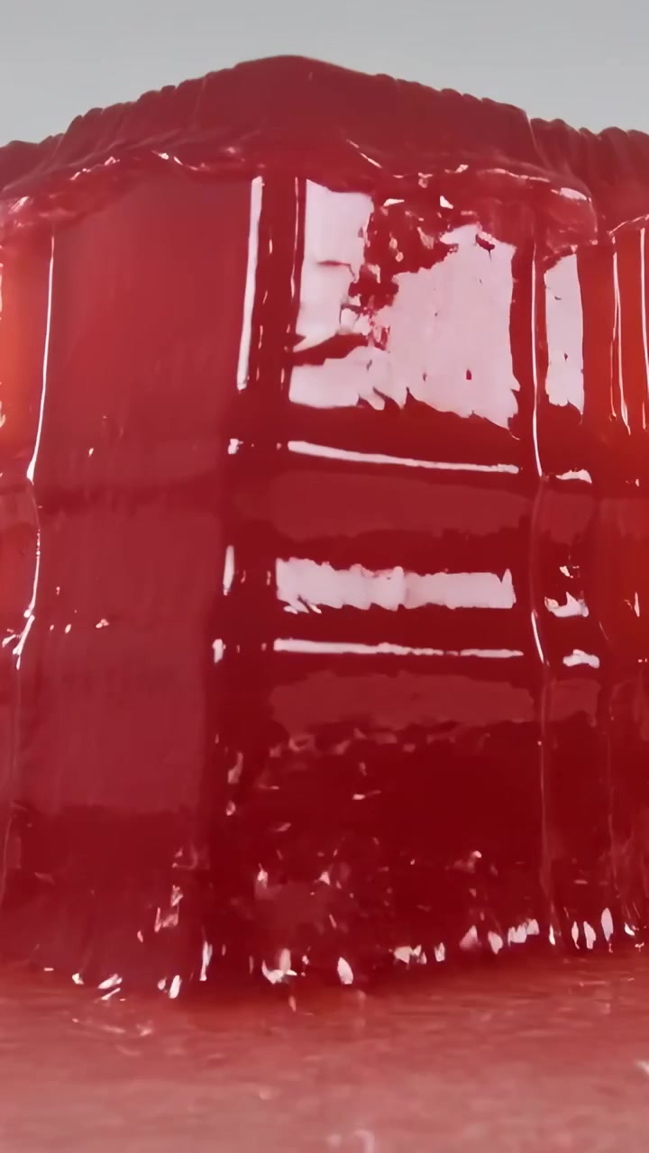 Vertical video: Red jelly block wobbling and losing fragment on base after unseen tug, reflecting
