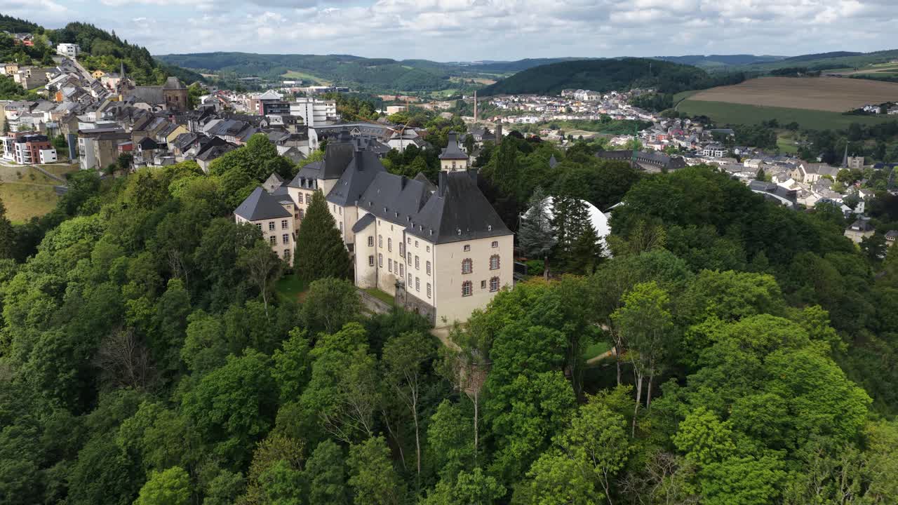 Wiltz Castle, architecture, history, museums, and cultural events. Luxembourg. Aerial view